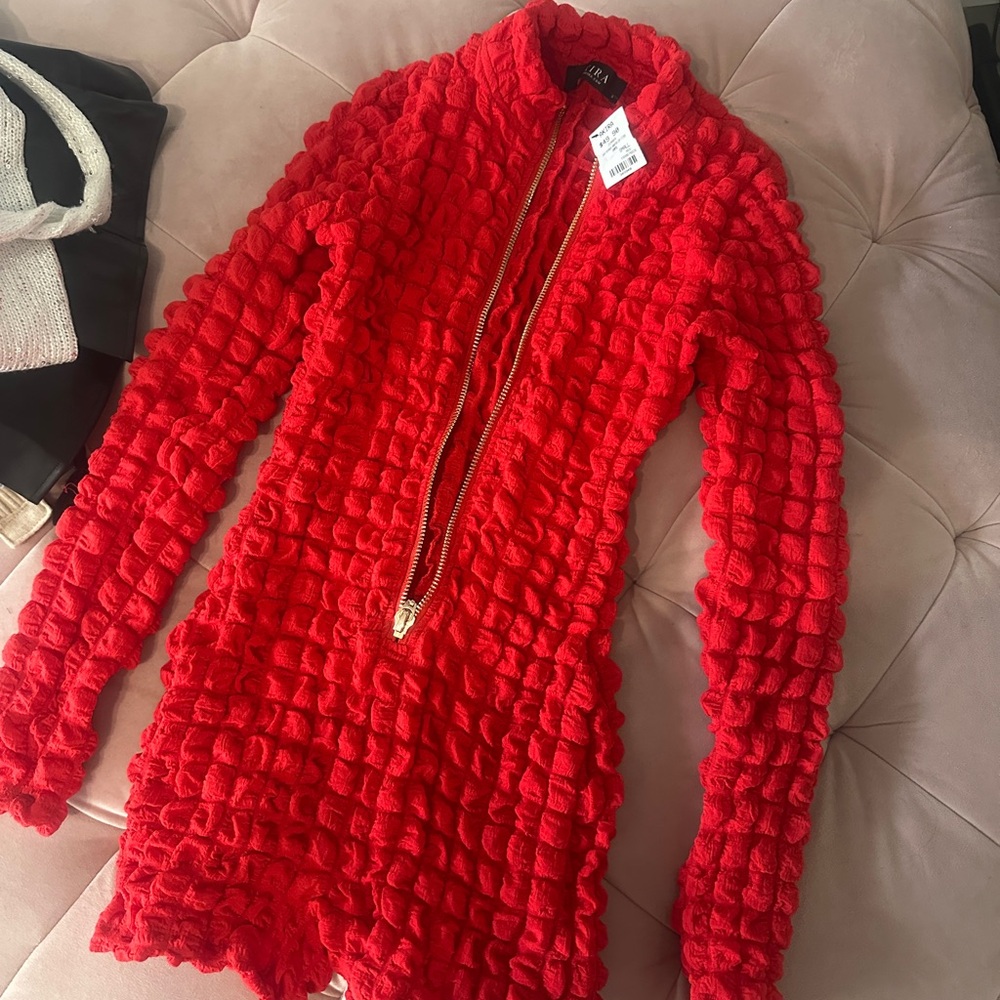 Red Textured Zip-Up Sweater